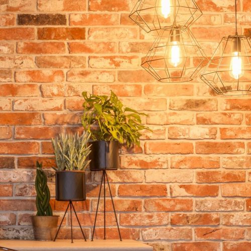 Loft apartment with brick wall, desk, chair, chalkboard, lamp, plants